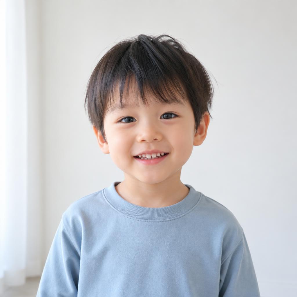 少し笑顔で正面を向き、明るい場所で胸から上と両肩を写した3歳の男の子の見本写真